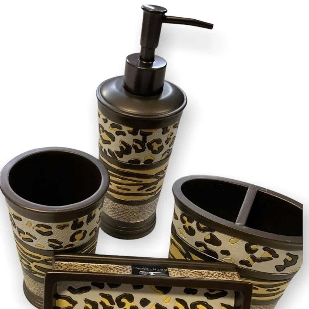 Animal Print Exotic Bathroom Accessory 4 Piece Set Brown Tan Multicolor Gazelle
